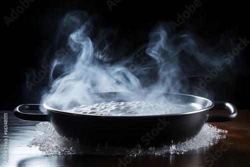 Water hitting a hot skillet, producing a fine mist and steam