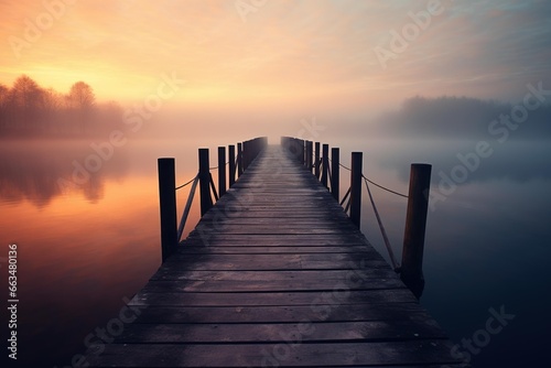 Wooden pier stretching into a foggy lake at dawn © Dan
