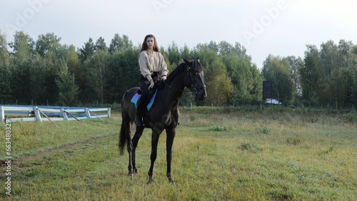 Young woman riding a horse. Woman rider on a horse. Farm with horses. Woman preparing a horse for a walk, at sunrise © Alexander