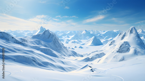 Frozen Majesty, Wide-angle view of snowy mountains embracing extreme lifestyle, against a blue winter sky © ELmidoi-AI