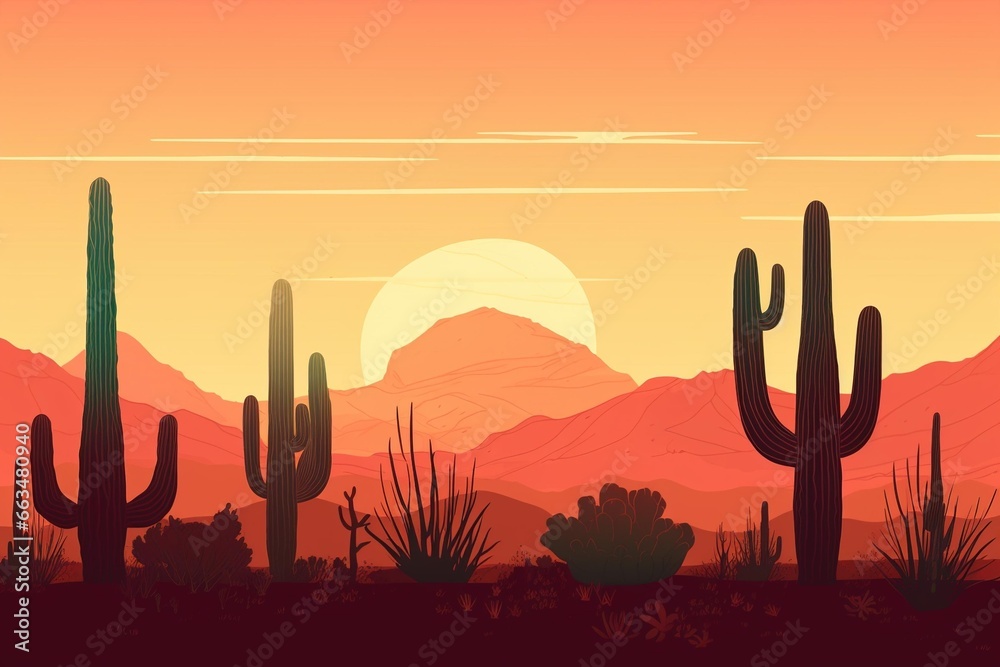 A collection of diverse cacti silhouetted against a gradient sunset