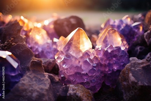Amethyst crystals growing out of a geode, positioned in soft, golden-hour lighting photo