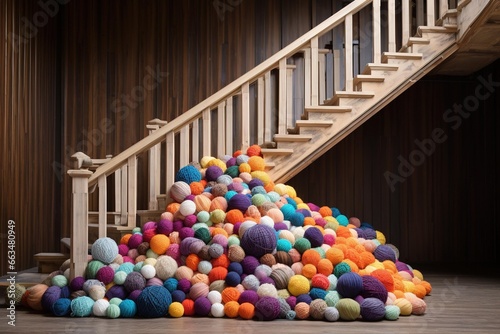 Tela A cascade of multicolored yarn balls tumbling down a rustic wooden staircase