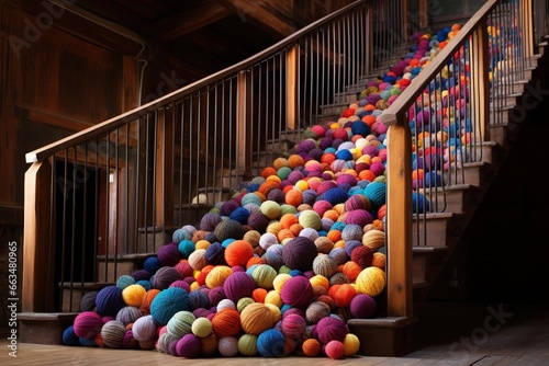Murais de parede A cascade of multicolored yarn balls tumbling down a rustic wooden staircase