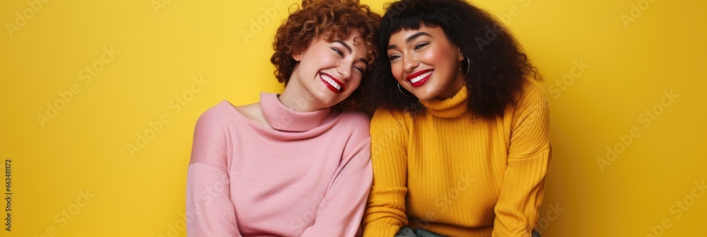 Two female friends against a brightly lit backdrop Two female friends against a brightly lit backdrop