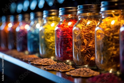 A row of exotic spices in glass jars, backlit for vibrant colors