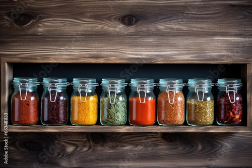 A row of colorful spices in glass jars on a rustic wooden shelf
