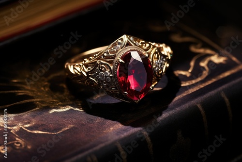 A single, flawless ruby set atop an antique manuscript under soft, dramatic lighting