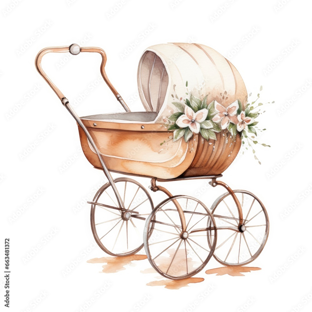 Watercolor Baby carriage Clipart on white background.