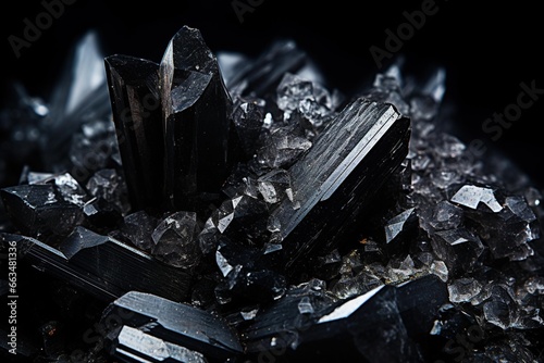 Black tourmaline surrounded by salt on a dark backdrop for contrast photo