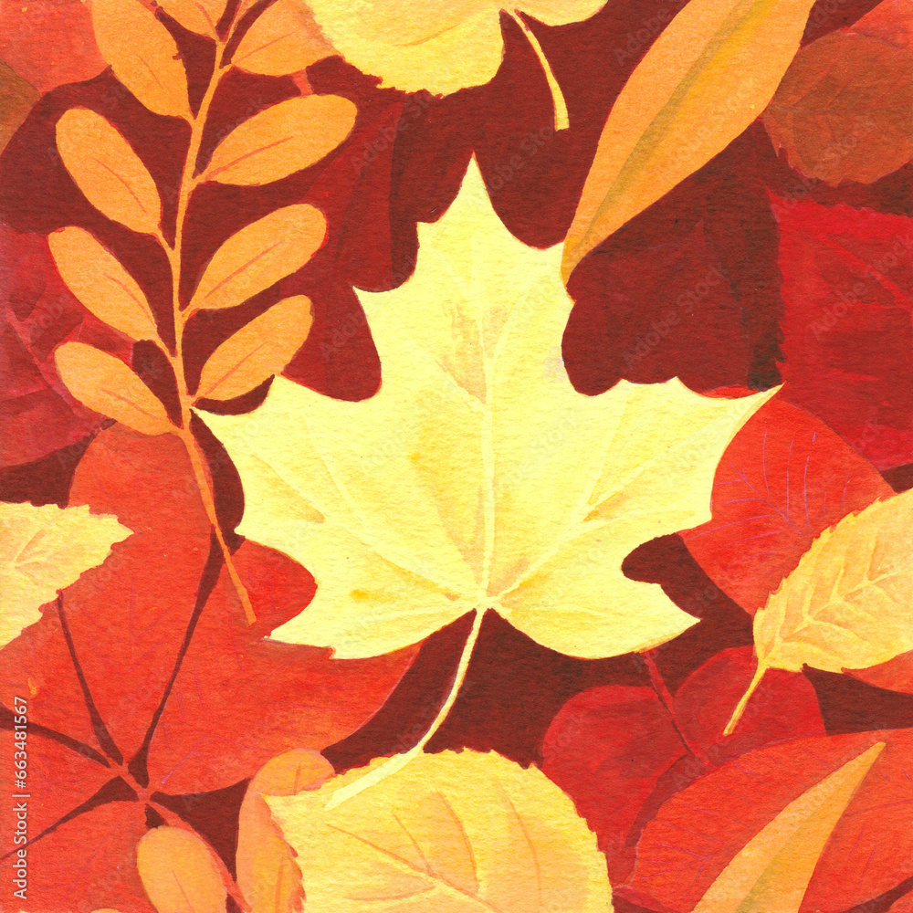 Obraz premium Watercolor background with autumn leaves in red and yellow tones. Drawn in watercolor on paper