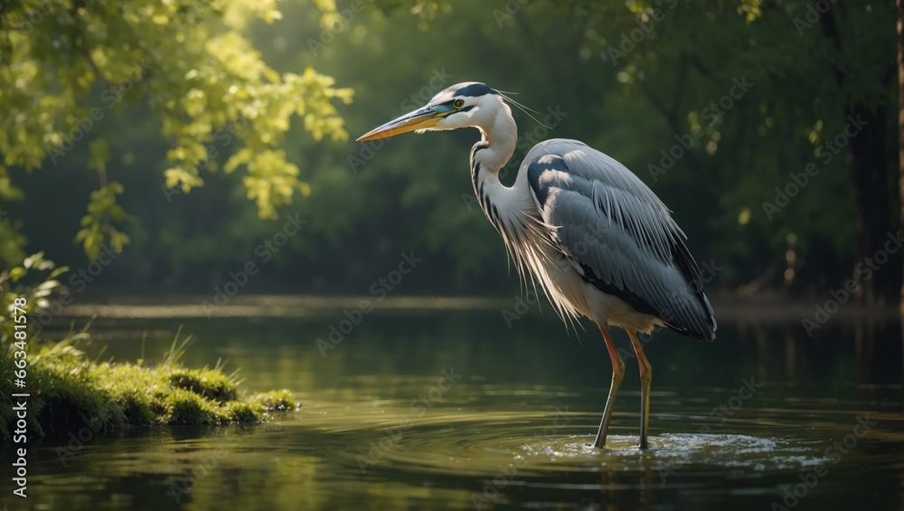 Fototapeta premium A heron bird in the lake in a forest.