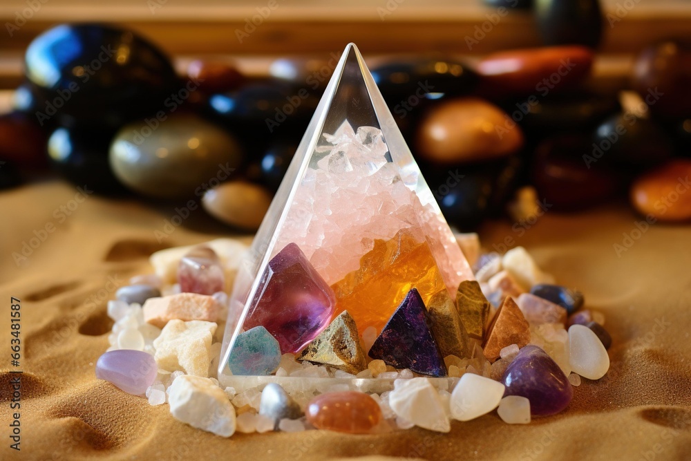 Crystal quartz pyramid surrounded by a circle of mixed gemstones on a bed of sand