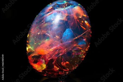 Close-up of an opal showing the play of color, against a black velvet backdrop photo
