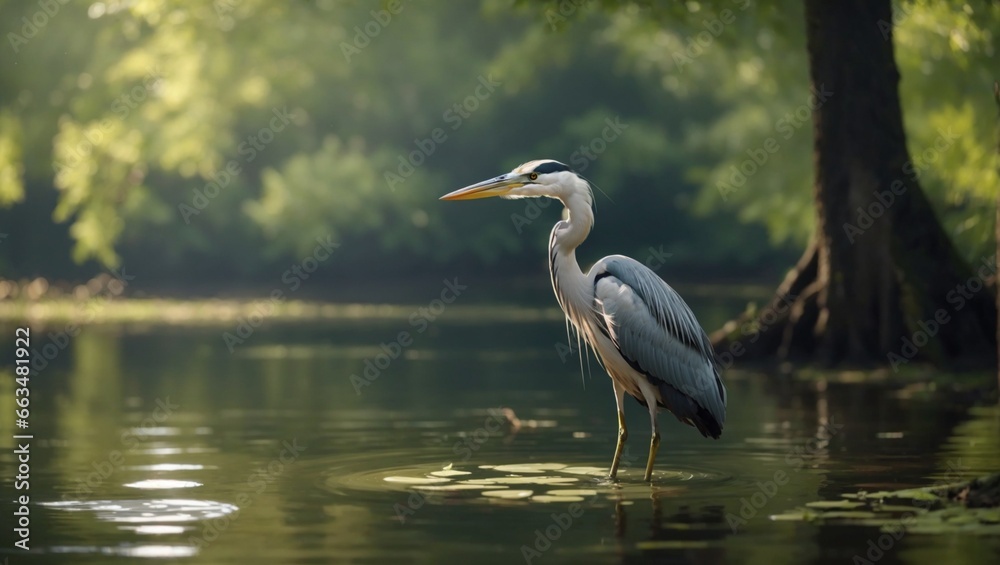 A heron bird in the lake in a forest. A heron bird in the lake in a forest.