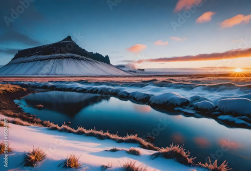 panorama view on an iceland winter landscape at sunset. generative ai