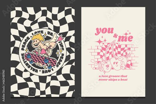 Valentine's Day greeting cards with retro cartoon style. Groovy 70s poster, Vector illustration