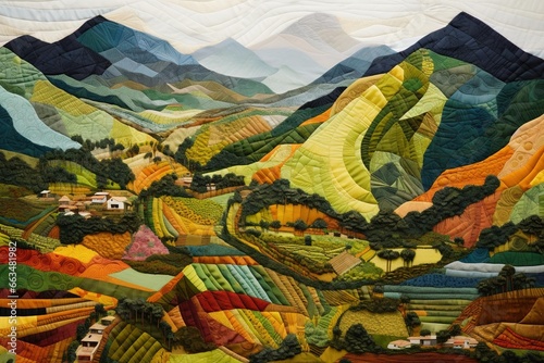Mountain covered in a quilt of farm fields from above