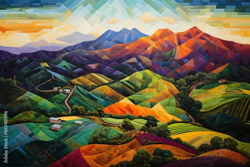 Mountain covered in a quilt of farm fields from above