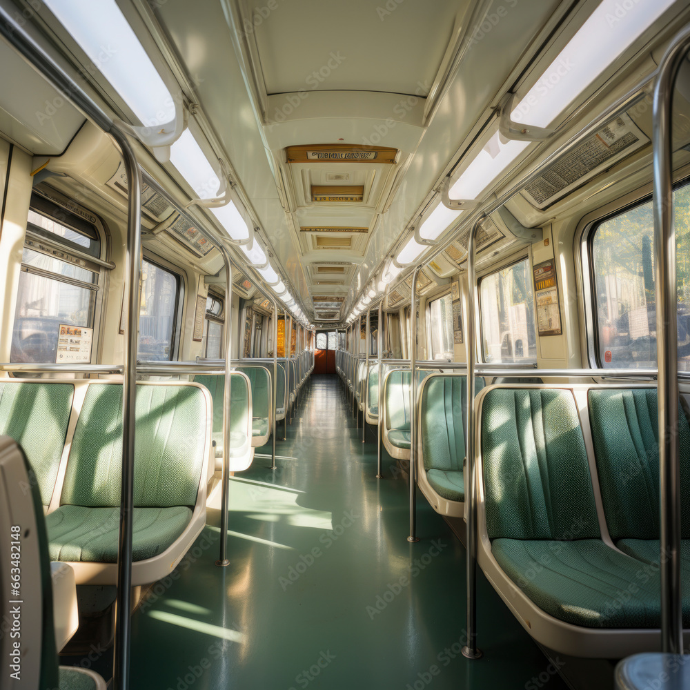 Fototapeta premium public transport concept. empty subway, train with seats. Interior inside urban transport. square
