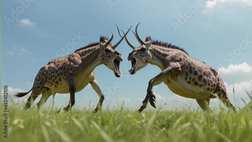 Panorama of male topis, fighting on grass. photo