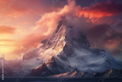 Majestic snow-capped peak at sunrise