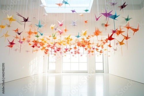 Rainbow-colored origami cranes suspended in a minimalist white room photo