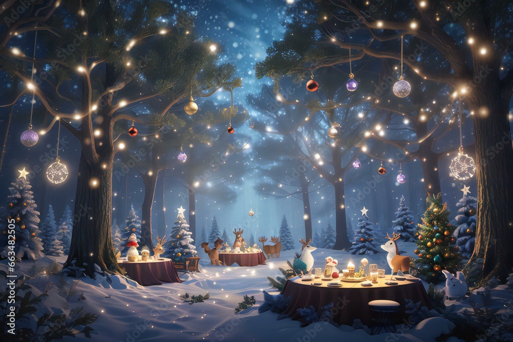 Obraz premium nighttime magic snowy Christmas tree scene evokes wonder, with twinkling lights and a peaceful blanket of snow creating holiday charm