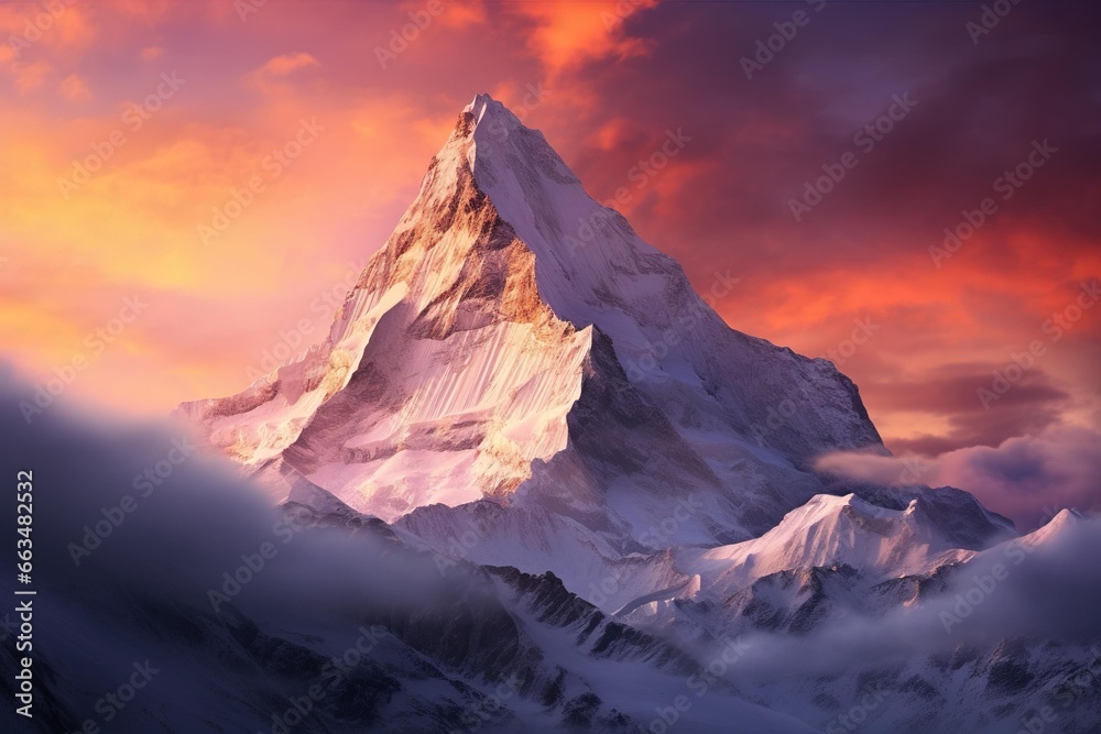 Sunrise illuminating a jagged mountain peak covered in snow with a colorful sky backdrop