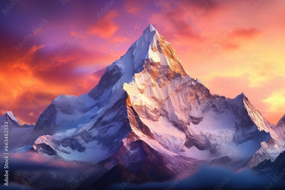 Sunrise illuminating a jagged mountain peak covered in snow with a colorful sky backdrop