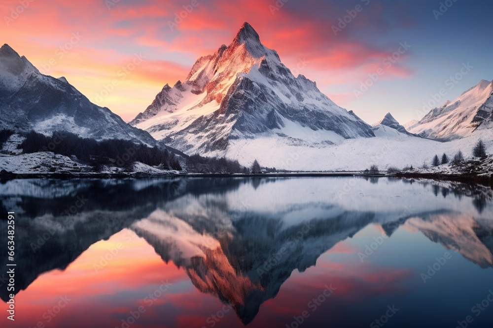 Snow-capped mountain peak reflected perfectly in a mirror-like alpine lake at dawn