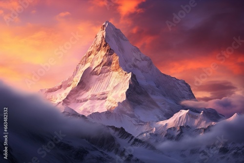 Sunrise illuminating a jagged mountain peak covered in snow with a colorful sky backdrop