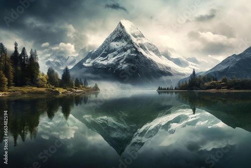 Solitary mountain reflected in tranquil lake