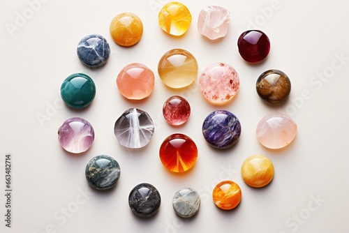 Top-down view of an array of chakra stones on a white surface