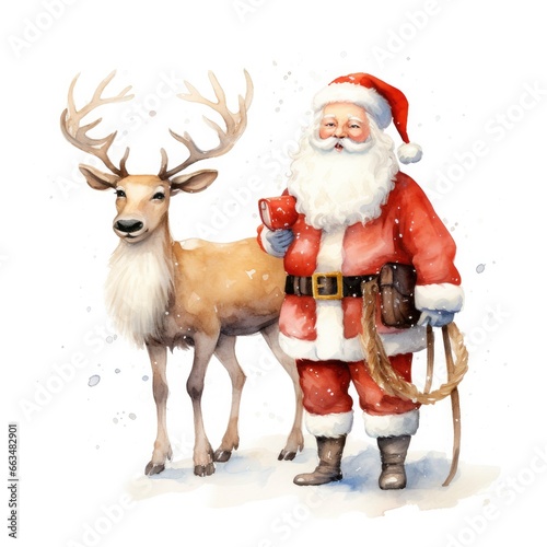 Cute Santa Claus standing with reindeer. © RABEYAAKTER
