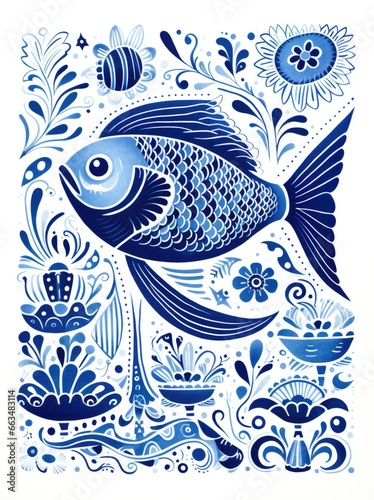 A vibrant blue and white fish painting