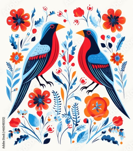 Two birds perched on a beautiful flowering plant