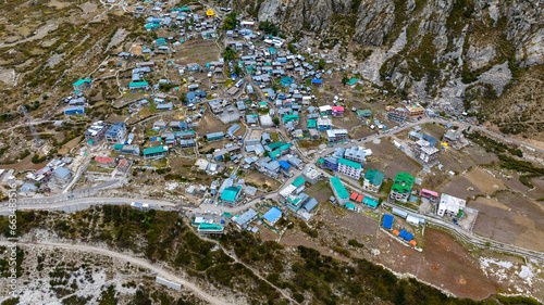 Aerial view of a small and colorful town in the mountains