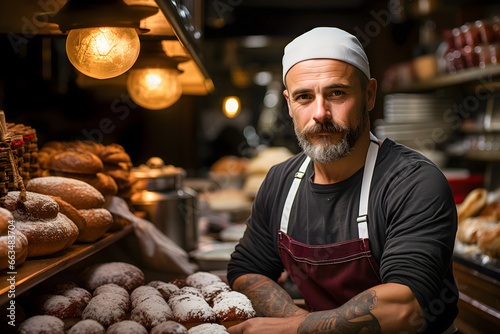 Happy bakery owner, smiling proudly in his store. Cheerful baker working in his store. Generative ai
