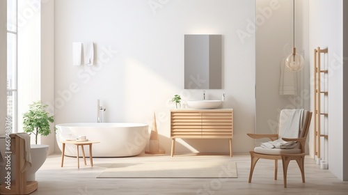  a bathroom with a tub, sink, mirror and a chair. generative ai