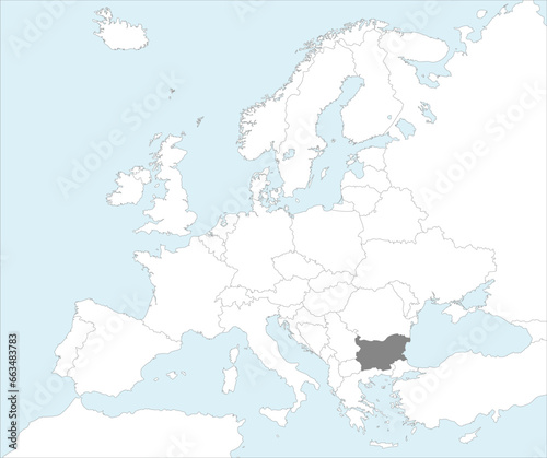 Gray CMYK national map of BULGARIA inside detailed white blank political map of European continent on blue background using Mollweide projection