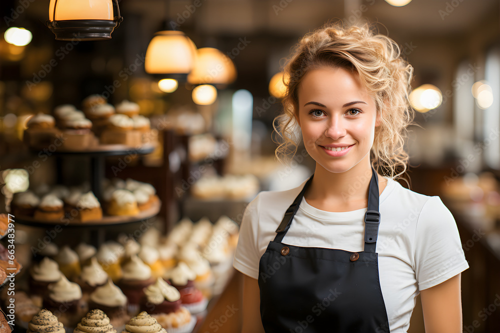 Portrait of a happy young pastry chef. Pastry shop with cakes and sweets. Pastry shop business. Generative ai