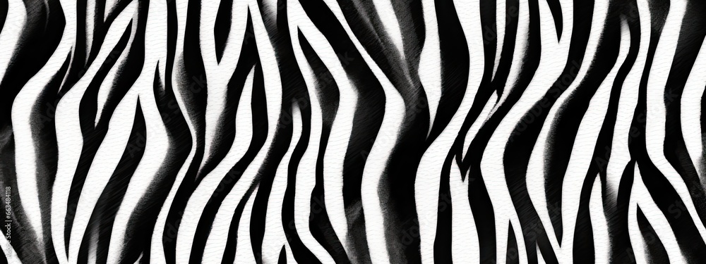 Seamless zebra skin or tiger fur stripe pattern. Tileable monochrome bold black and white African safari wildlife background texture. Abstract trendy boho chic fashion animal print camouflage motif.