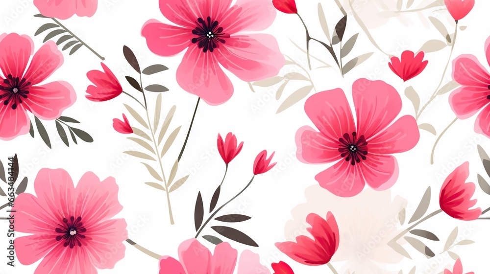  a white background with pink flowers and green leaves on it.  generative ai