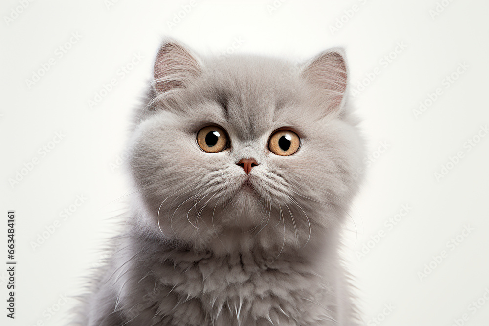 British Shorthair cat on a white background. Adorable 3D cartoon animal close-up portrait.
