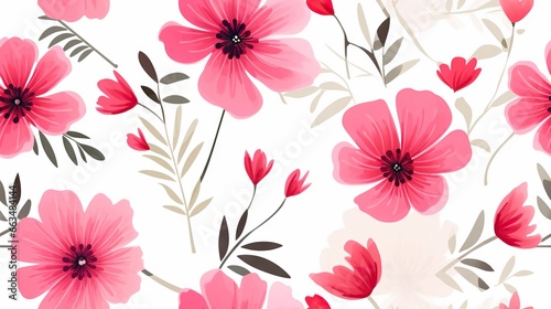  a white background with pink flowers and green leaves on it. generative ai