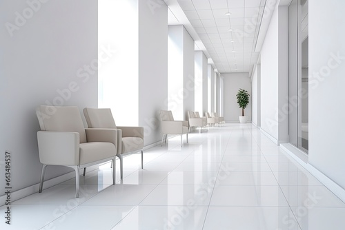 Interior design of a modern luxurious white building corridor or hallway with waiting seat. © RABEYAAKTER