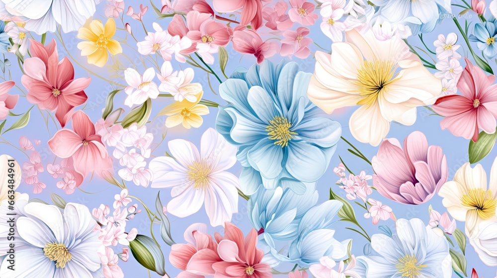 Obraz premium a bunch of flowers that are on a blue background with pink, white, and yellow flowers. generative ai