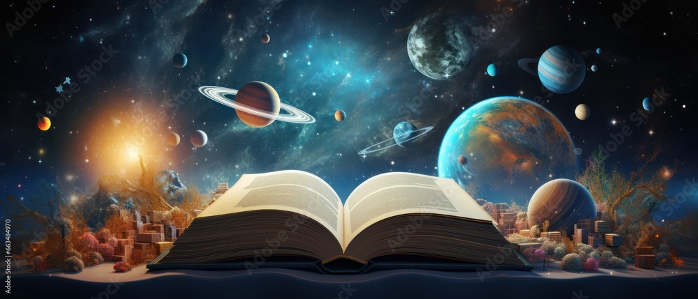 Open book revealing the solar system. space traveling. universe theme.  - obrazy, fototapety, plakaty 