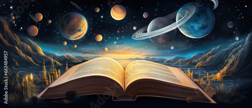 Open book revealing the solar system. space traveling. universe theme. 